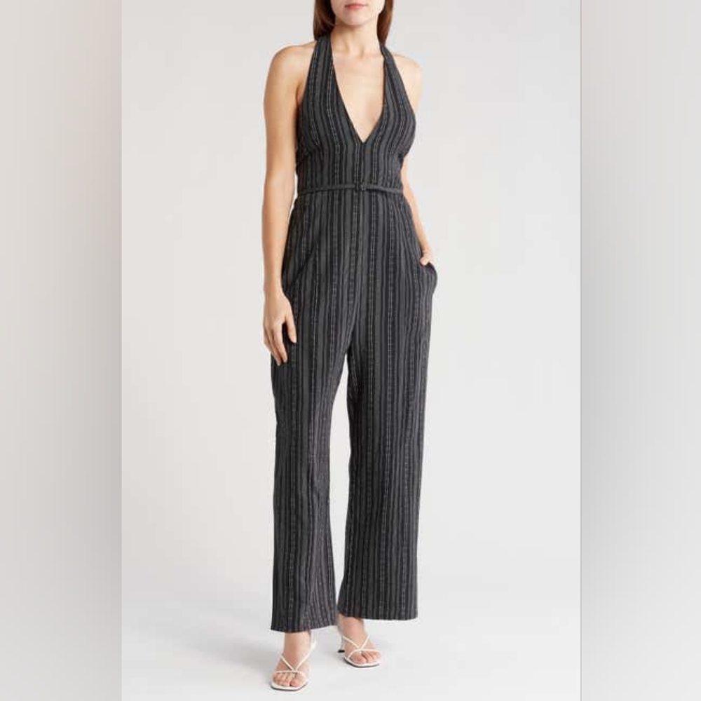 LUMIERE Halter Neck Wide Leg Jumpsuit, Medium, BLACK